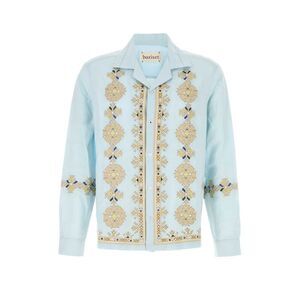 Baziszt Men Light-Blue Cotton Blend Roses Shirt